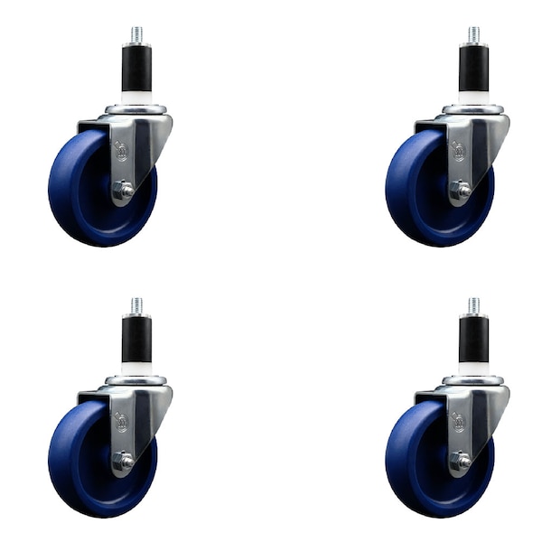 4'' SS Solid Poly Wheel Swivel 1-3/8'' Expanding Stem Caster Set, 4PK